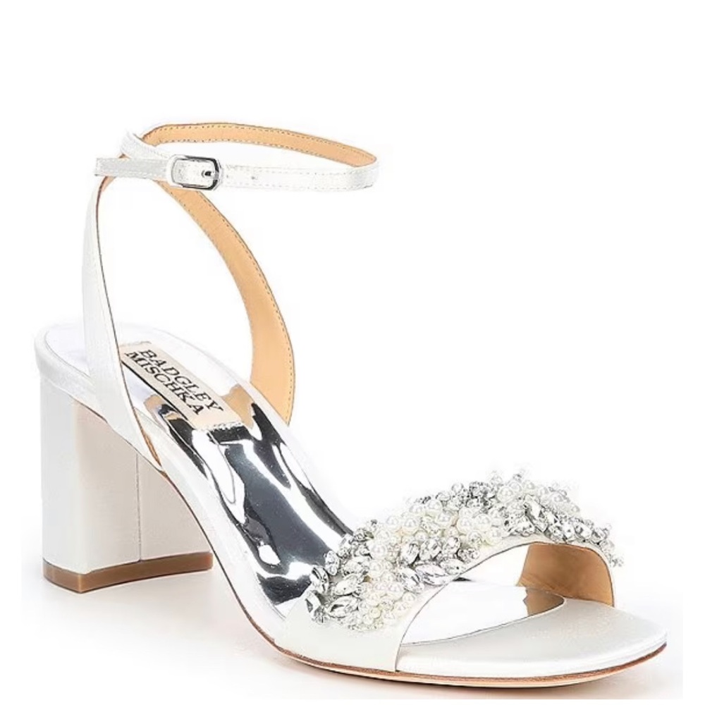 BadgleyMischka Clara Ankle Strap Pearl Jeweled Embellished Satin Dress Sandals